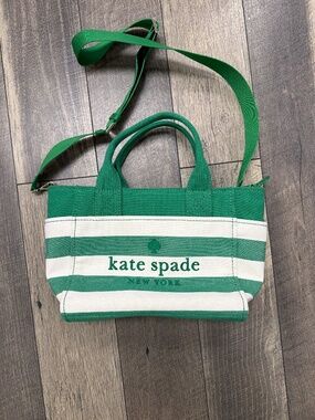 KATE SPADE GREEN STRIPE CANVAS SMALL TOTE